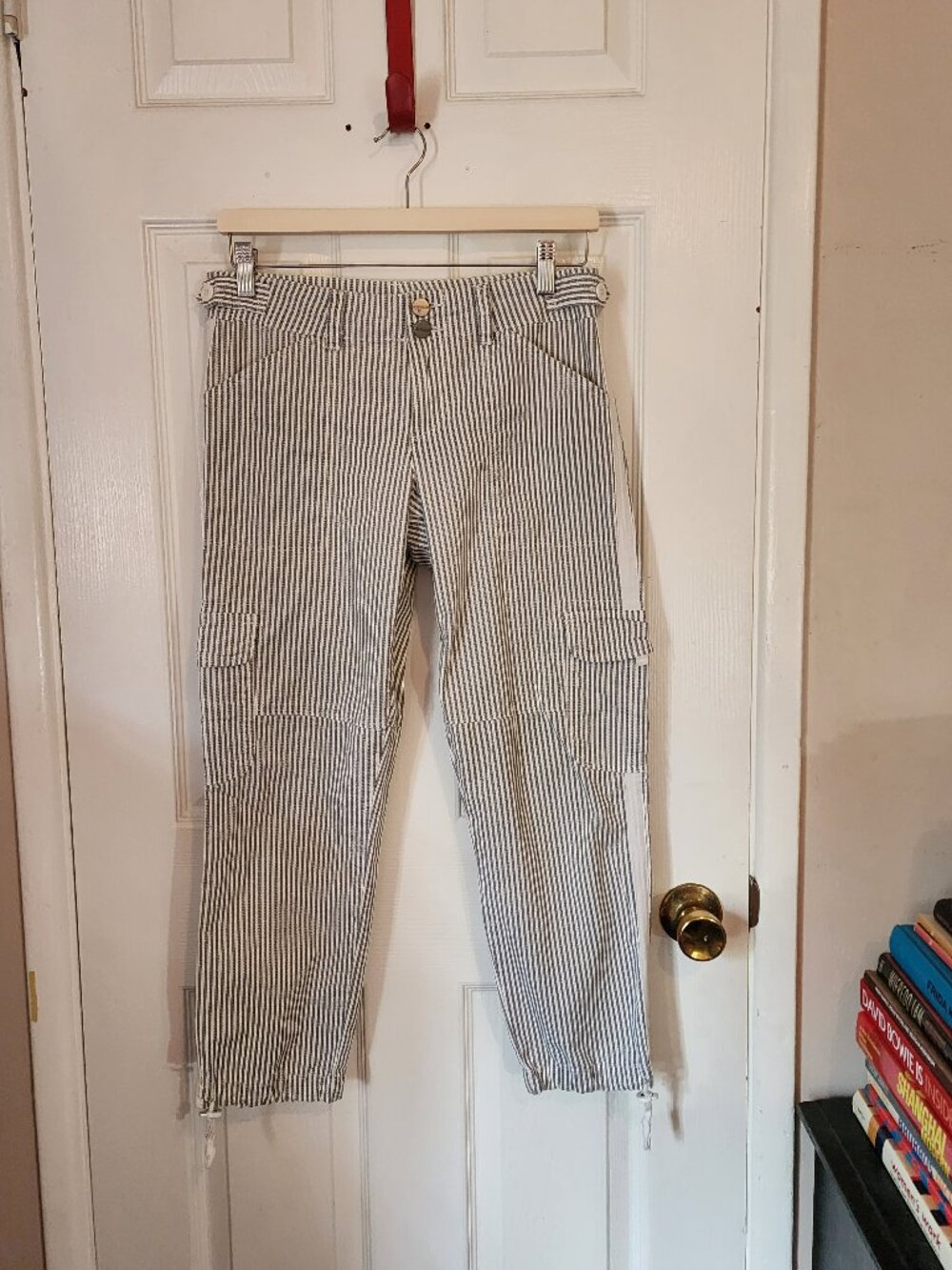 Sanctuary x Anthropologie Pinstripe Skinny Cargo Jogger Pants Ankle Drawstring